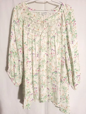 Blusa Top Rosa Oliva-Amarillo Pálido-Verde Rosa Púrpura Floral Arrugada Manga 3/4-3X Foto 1 de 4