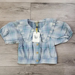 NWT Girls Finding Foxtale Picnic Plaid Top Blouse Size 4 10% Cotton Blue - Picture 1 of 6