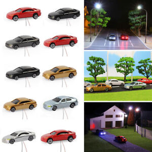 10 pcs HO Scales Model Cars With LED Light Building Scenery Railway Layout