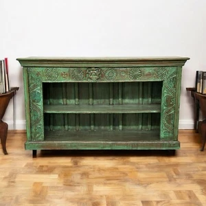 Vintage Teak Wood Bookshelf Console | 80 Yr Old Hand-Carved Green Cabinet - Picture 1 of 8