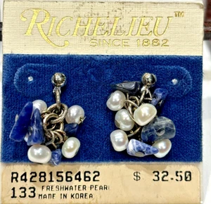 Vintage RICHELIEU Freshwater Pearl & Lapis Lazuli Earrings New Old Stock - Picture 1 of 9
