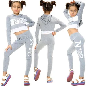 Kids Girls Crop Top NYC Brooklyn Printed Grey Hooded Top & Legging Outfit Sets - Picture 1 of 8