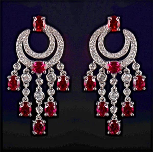 Luxury Natural Diamond Red Lab Ruby Chandelier Bridal Earrings 14K White Gold - Picture 1 of 9