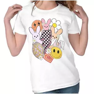 Easter Bunny Daisy Flower Heart Happy Disco Graphic T Shirts for Women T-Shirts - Picture 1 of 7