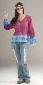 Hippie Shirt Ladies Pink & Blue Tie Dye Cotton Bell Sleeve Shirt With Beading OS - Picture 1 of 1
