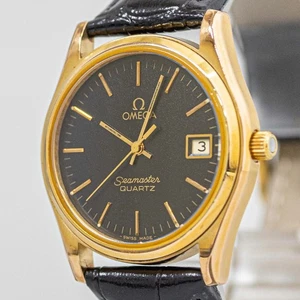 *NEAR MINT* Vintage OMEGA Seamaster Cal.1342 Quartz Push Crown Gold × Black Mens - Picture 1 of 16