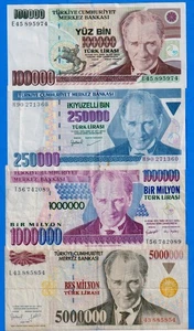 Turkey 100000, 250000, 1000000, 5000000 Lira P-205b,211,213(2),210b(2) Circ TK#3 - Picture 1 of 4