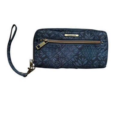Carteira Travelon RFID bloqueio antirroubo pulseira embreagem proteção identificação azul floral - Imagem 1 de 4