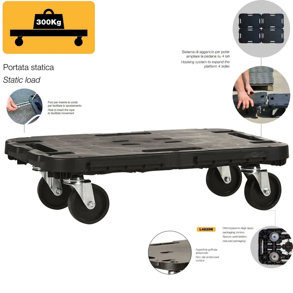 Carrello 4 ruote pedana porta carico capacità 300kg 48X29X12,5 CM pianale - Immagine 1 di 1