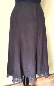 PER UNA Chocolate Brown Knee Length Skirt 14 L Long Lace Embroidery Faux Suede - Picture 1 of 12