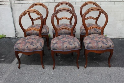 Juego de 6 sillas de comedor laterales victorianas de nogal con resorte, tapicería nueva Foto 1 de 4