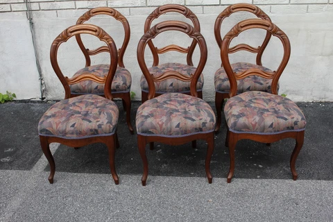 Set of 6 Victorian Walnut Spring Side Dining Chairs, New Upholstery Cover