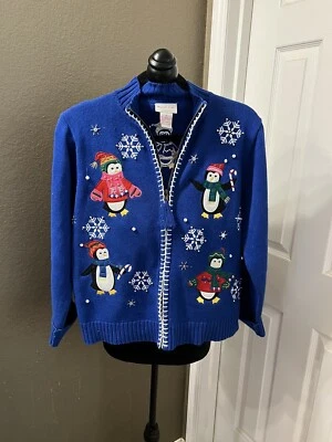 Crystal Kobe Medium Blue Penguin Winter Christmas Sweater Cardigan - Изображение 1 из 4
