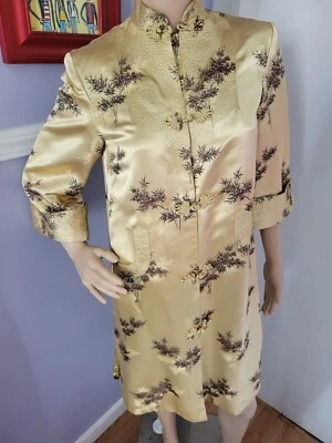 Abrigo Plumero Brocado Satinado Dorado Asiático Años 60 3/4 Slv, Forrado Boho Festival Hippy Talla M Foto 1 de 4