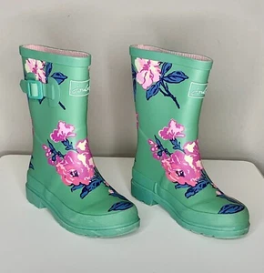 Joules Rubber Rain Boots Girls size 1 - Welly Print Green w/ Pink Flowers - Picture 1 of 7