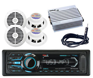 Marine USB iPod AUX Bluetooth Radio,4 White 6.5" Speakers,Antenna,400W Amplifier