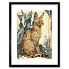 Serval Cat With Plants Modern Watercolour Framed Wall Art Print Picture 9X7 In