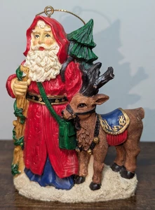 Papá Noel del Viejo Mundo de colección con bastón, reno y árbol - adorno trasero plano - Imagen 1 de 6