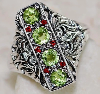 1CT Natural Peridot & Garnet 925 Sterling Silver Filigree Style Ring Sz 7 F3-2 - Image 1 of 3