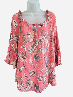 SPENSE Womens Blouse XL Floral 3/4 Bell Sleeve Keyhole Boho Peasant Split Hem - Image 1 of 4