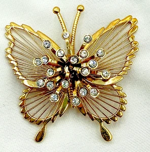 MONET Gold Tone Harp Butterfly Rhinestone Brooch Pin - Picture 1 of 6