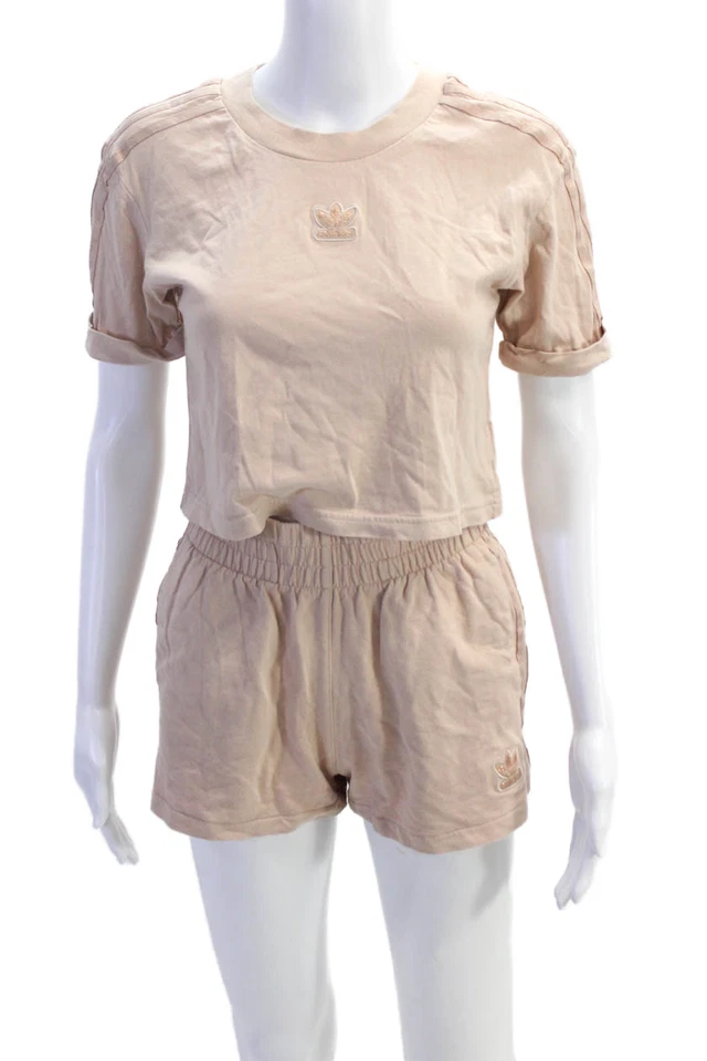 Adidas Womens Short Sleeves Tee Shirt Shorts Set Pink Cotton Size Small/Extra Sm - Image 1 of 4