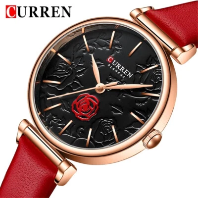 CURREN Women Watch Fashion Female Red Leather Wristwatch Girls Ladies Watches - Image 1 of 4