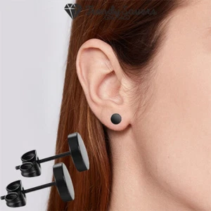 Pair of Black Flat Disc Round Surgical Steel Cartiilage Helix Stud Earrings Men - Picture 1 of 12