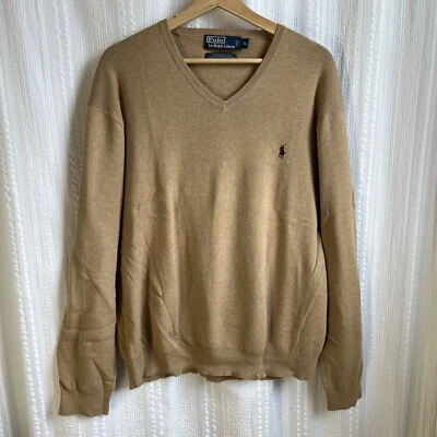 Suéter Polo Ralph Lauren 100% Algodón Pima Manga Larga X-Grande Camel Cuello en V Foto 1 de 4