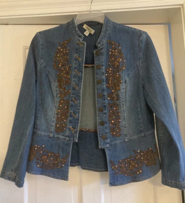 Coldwater Creek Denim Jacket  Brown Embroidery + Sequins  Button Front Sz PM EUC - Image 1 of 4