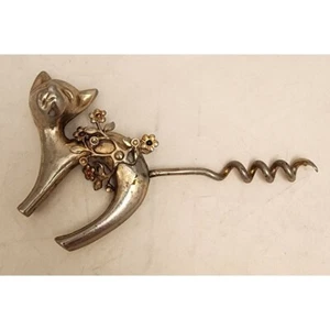 #7671 Cat Cork Screw Bottle Opener with Gold tone Flowers 4.5 inches - Picture 1 of 5