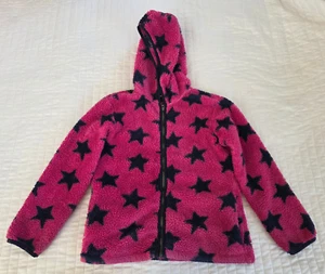 Used Girls Size 8 / 130 Hanna Andersson Pink Blue Star Fleece Zip Up Jacket - Picture 1 of 19
