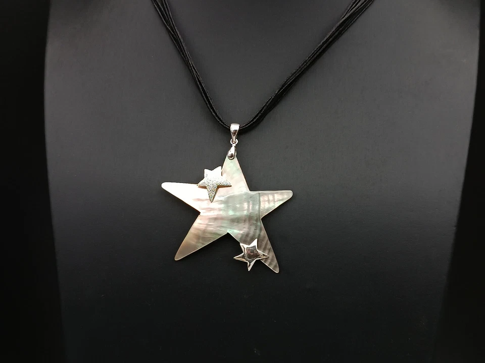 collana donna ciondolo stella madreperla perle argento bianco e acciaio - Immagine 1 di 4