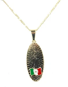 Virgen de Guadalupe Medaille mit Mexiko Flagge 18k vergoldet mit 20 Zoll Kette - Bild 1 von 3