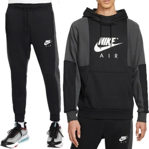 Nike Air Mens Full Tracksuits Set Fleece Contrast Black Sweat Top Hoodie Jogger - Picture 1 of 15