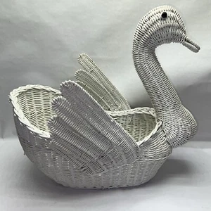 MCM White Wicker Rattan Swan Basket 20” T x 22” L x 12” W - Picture 1 of 6
