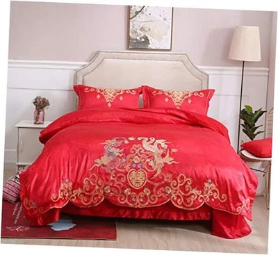  Juego de cama de boda chino Queen 4 piezas - sábanas de satén rojo con dragón y  Foto 1 de 4