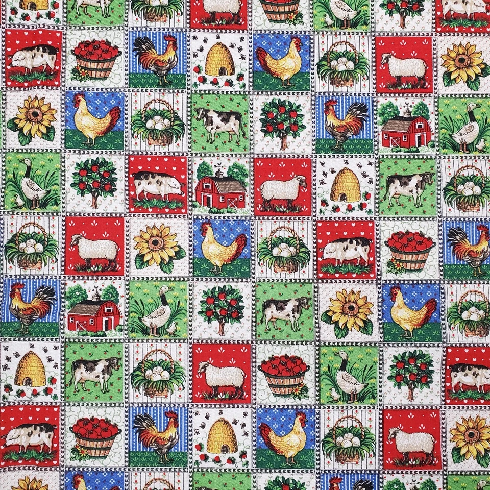 Joan Kessler Concord Fabric Farm Cow Chicken Green Red Blue 1 Yard - Image 1 of 4