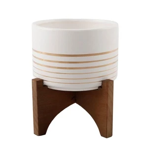 4.75" Gold Line Ceramic Planter on Wood Stand White - Picture 1 of 5
