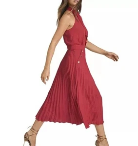 Reiss Nina Halterneck Pleated Midi Dress US 10 Red Gold Button Pockets - Picture 1 of 22