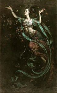 Art Oil painting Chinese Gansu Dunhuang fairy beauty girl flying & flowers 36" - Picture 1 of 1