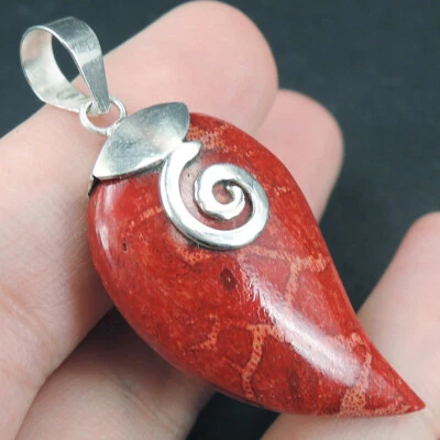 Ciondolo corallo rosso naturale in argento sterling 925 gioielli artigianali,... - Immagine 1 di 4