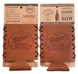 Soporte para botella de cuero real Shiner Beer Koozie cosido a mano marca EE. UU. - Imagen 1 de 12