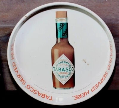 Bandeja para servir Tabasco vintage Mcllhenny Co servida aquí metal redondo 13" lata EE. UU.  Foto 1 de 4
