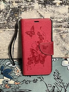 Dark Pink Butterfly Embossed Leather LG K10/K20 Plus/K20V Wallet/Case Kickstand - Picture 1 of 16