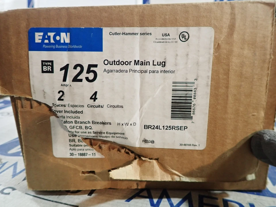 Nuevo Eaton BR24L125RSEP centro de carga de orejetas principales para exteriores 125 amperios 2 espacios 3R exteriores Foto 1 de 4