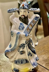 Estatuilla azul de dios de la prosperidad fortuna china porcelana Fu Lu Shou Chinoiserie - Imagen 1 de 10