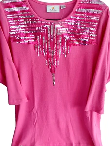 Quacker Factory 1X rosa Damen 3/4 Arm geripptes Shirt mit Pailletten Glitzer - Bild 1 von 4