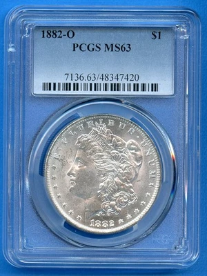 Dólar de plata Morgan 1882 O PCGS MS63 $1 moneda como nueva de Estados Unidos 1882-O MS-63 blanco explosivo Foto 1 de 3