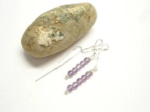 Purple Amethyst Round Beads Silver Plated Chain Thread Drop Earrings For Woman - Picture 1 of 10